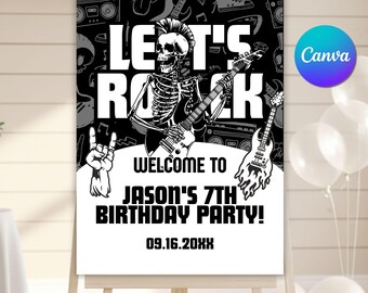 Let's Rock Birthday Welcome Sign, Rock and Roll Music Party Poster, Editable Teen Rock Star Banner, Digital Canva Template, Instant Download