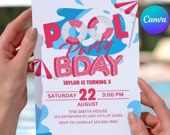 Editable Pool Party Birthday Invitation, Kids Swim Party Summer Invite, Digital & Printable Canva Template