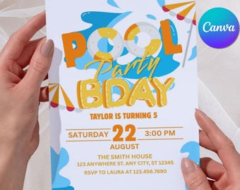 Editable Pool Party Birthday Invitation, Swim Party Kids Summer Invite, Digital & Printable Canva Template