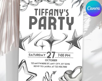 Y2K Retro Birthday Party Invitation, Editable 90's Theme 2000s Silver Invite, Any Age Digital & Printable Canva Template, Instant Download