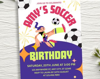 Girl Soccer Birthday Invitation, Editable Girls Football Party Invite, Any Age Sports Theme Evite, Digital & Printable Canva Template