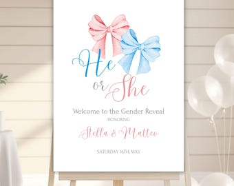 Editable Gender Reveal Welcome Sign, He or She Bow Baby Shower Banner, Pink and Blue Gender Announcement Poster, Digital Canva Template