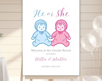 He or She Gender Reveal Sign, Editable Baby Shower Banner, Pink and Blue Gender Announcement Poster, Digital Canva Template