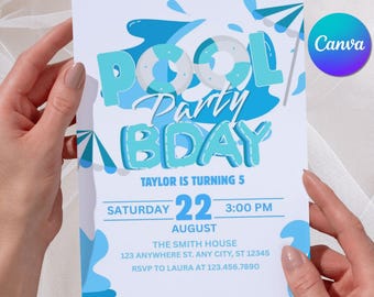 Pool Party Birthday Invitation, Editable Kids Swimming Party Summer Invite, Digital & Printable Canva Template