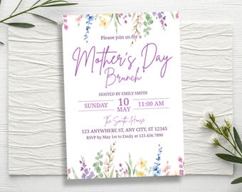 Mother's Day Brunch Invitation, Editable Floral Party Invite, Wildflower Canva Template (Digital & Printable)