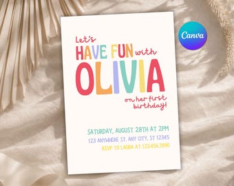 Colorful Kids Birthday Invitation, Editable Let's Have Fun Party Invite, Any Age Cheerful Birthday Card, Simple & Bright Canva Template