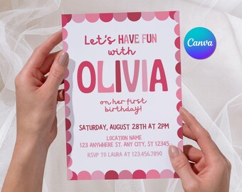 Pink Girl Birthday Invitation, Editable Kids Simple & Bright Birthday Invite, Any Age Let's Have Fun Party Card, Cheerful Canva Template
