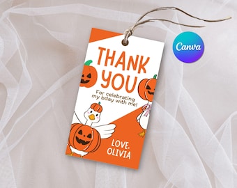 Quack or Treat Halloween Birthday Thank You Tag, Editable Kids Costume Party Favor Tag, Spooky Duck Digital Canva Template, Instant Download