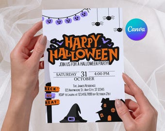 Editable Halloween Party Invitation, Happy Halloween Invite, Trick or Treat Canva Template, Instant Download