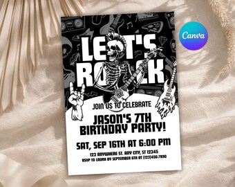Let's Rock Birthday Party Invitation, Rock and Roll Music Invite, Editable Teen Rock Star Evite, Digital Canva Template, Instant Download
