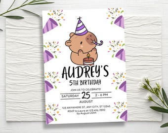 Capybara Birthday Invitation, Kids Birthday Party Invite, Editable Canva Template (Digital & Printable)
