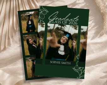 Graduation Party Invitation, Editable Modern Green Grad Invite, Photo Announcement Class of 2026 Card, Digital & Printable Canva Template