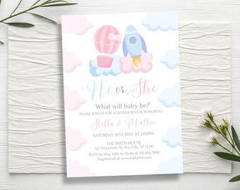 Gender Reveal Invitation, Editable He or She Baby Shower Invite, Digital & Printable Canva Template