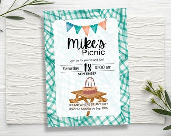 Picnic Birthday Invitation, Editable Gingham Picnic Party Invite, Digital Download & Printable Canva Template