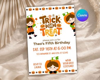 Halloween Birthday Invitation, Editable Kids Costume Party Invite, Trick or Treat Spooky Evite, Digital Canva Template, Instant Download