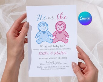 Pink Blue Gender Reveal Invitation, Editable He or She Party Invite, What Will Baby Be Baby Shower Card, Digital & Printable Canva Template