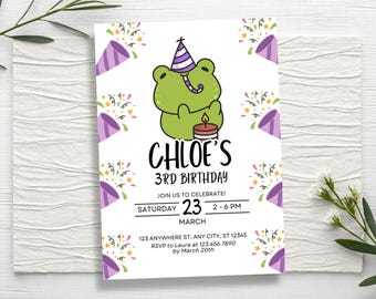 Frog Birthday Invitation, Kids Birthday Party Invite, Editable Canva Template (Digital & Printable)