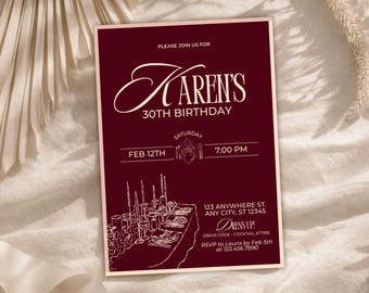 Old Money Birthday Invitation, Elegant Modern Burgundy Party Invite, Editable Canva Template (Digital & Printable)