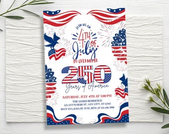 250th America Anniversary Invitation, USA Patriotic 4th of July Party Invite, Editable Canva Template