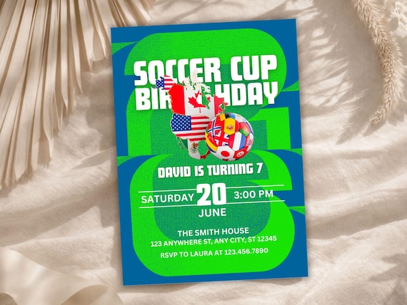 Soccer Cup Birthday Invitation, Editable Kids World Football Party Invite, Sports Theme Evite, Canva Template (Digital & Printable)
