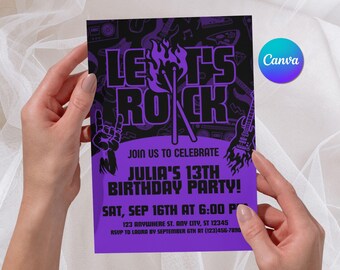 Let's Rock Birthday Invitation, Rock and Roll Girl Party Invite, Editable Teen Rock Star Music Evite, Canva Template, Instant Download