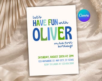 Cheerful Kids Birthday Invitation, Editable Boy or Girl Party Invite, Any Age Let's Have Fun Birthday Card, Simple & Bright Canva Template