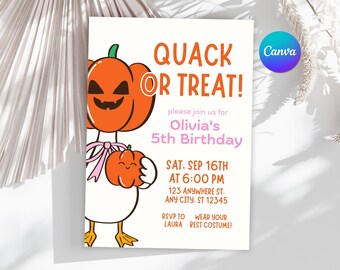 Quack or Treat Halloween Birthday Invitation, Editable Kids Costume Party Invite, Spooky Duck Card, Digital Canva Template, Instant Download
