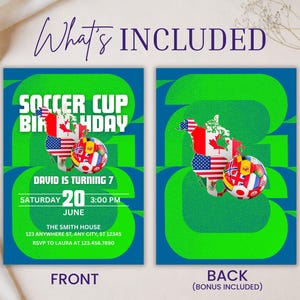 May include: Soccer-themed birthday party invitation with a green and blue design. The front features text that reads "Soccer Cup Birthday" and event details. The back includes a bonus design. A soccer ball and flags are also included.