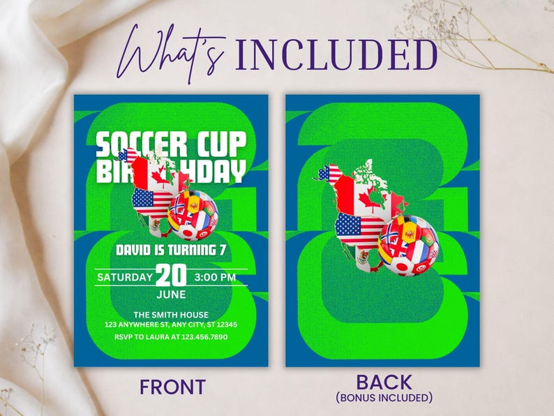 May include: Soccer-themed birthday party invitation with a green and blue design. The front features text that reads "Soccer Cup Birthday" and event details. The back includes a bonus design. A soccer ball and flags are also included.