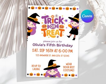 Halloween Birthday Invitation, Spooky Kids Costume Party Invite, Editable Trick or Treat Evite, Digital Canva Template, Instant Download