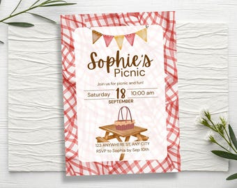 Picnic Birthday Invitation, Editable Gingham Picnic Party Invite, Digital Download & Printable Canva Template