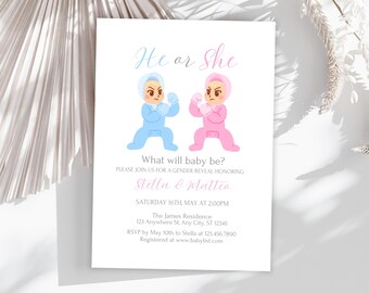 He or She Gender Reveal Invitation, Editable Pink Blue Party Invite, What Will Baby Be Baby Shower Card, Digital & Printable Canva Template