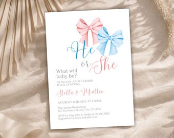 Editable Gender Reveal Invitation, He or She Bow Baby Shower Invite, Digital Canva Template