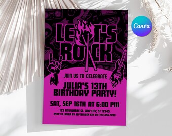 Let's Rock Birthday Invitation, Rock and Roll Girl Party Invite, Editable Pink Teen Rock Star Evite, Canva Template, Instant Download