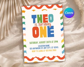 Colorful First Birthday Invite, Editable Kids 1st Birthday Party Invitation, One Year Old Birthday Card, Printable Canva Template