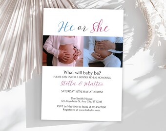 He or She Gender Reveal Party Invitation, Editable Photo Baby Shower Invite, Digital & Printable Canva Template, Instant Download