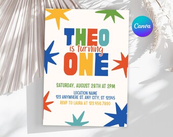 Colorful First Birthday Invitation, Star 1st Birthday Party Invite, One Year Old Kids Birthday Card, Editable & Printable Canva Template