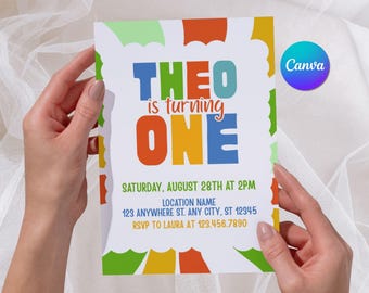 Colorful Kids Birthday Invite, Boy or Girl First 1st Birthday Party Invitation, One Year Old Birthday Card, Editable & Printable Template