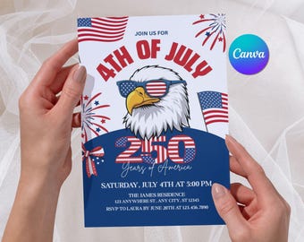 USA Patriotic 4th Of July Party Invitation, America 250th Anniversary Invite, Editable Canva Template