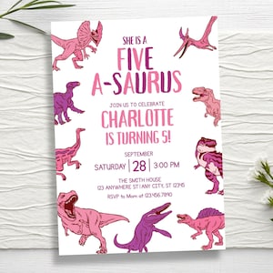 Pink Dinosaur Birthday Invitation, Girl Five A-Saurus Birthday Invite, Editable Canva Template (Digital & Printable)