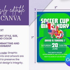 May include: A soccer-themed birthday party invitation, 5 inches wide and 7 inches tall, with a green and blue design. The invitation includes the text "SOCCER CUP BIRTHDAY" and details for the party. The Canva logo is visible.