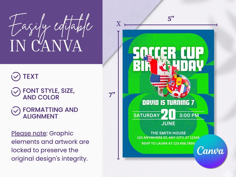 May include: A soccer-themed birthday party invitation, 5 inches wide and 7 inches tall, with a green and blue design. The invitation includes the text "SOCCER CUP BIRTHDAY" and details for the party. The Canva logo is visible.