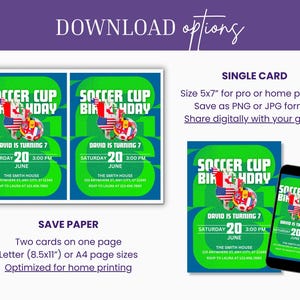 May include: Soccer Cup birthday party invitations with a green and blue design. The invitations include the text "David is turning 7" and event details. Options include single cards or two cards per page, optimized for home printing.
