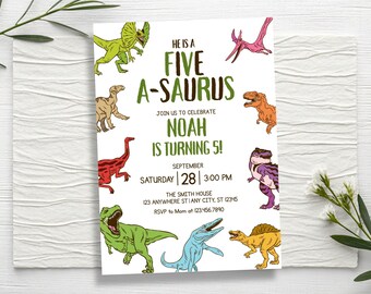 Dinosaur Birthday Invitation, Five A-Saurus 5th Birthday Invite, Editable Canva Template (Digital & Printable)
