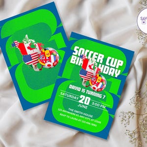 May include: Two soccer-themed birthday party invitations. The invitations feature a green and blue design with the text "SOCCER CUP BIRTHDAY". The invitations include a soccer ball with flags and the text "DAVID IS TURNING 7".