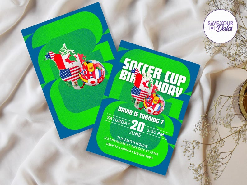 May include: Two soccer-themed birthday party invitations. The invitations feature a green and blue design with the text "SOCCER CUP BIRTHDAY". The invitations include a soccer ball with flags and the text "DAVID IS TURNING 7".