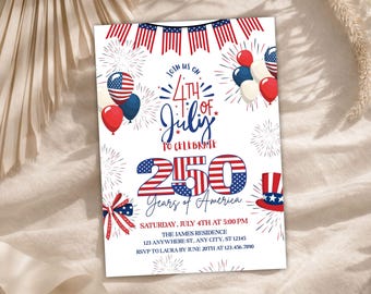 America 250th Anniversary Invitation, USA Patriotic 4th of July Party Invite, Editable Canva Template