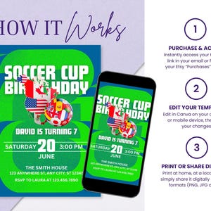 May include: A soccer-themed birthday party invitation template with a green and blue design. The invitation includes text that reads "Soccer Cup Birthday" and "David is turning 7". The image also shows a smartphone displaying the invitation.
