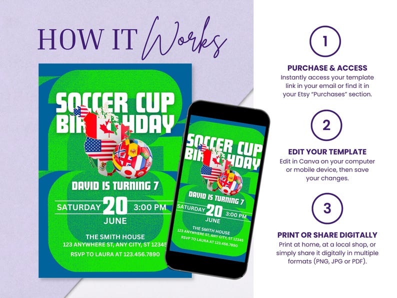 May include: A soccer-themed birthday party invitation template with a green and blue design. The invitation includes text that reads "Soccer Cup Birthday" and "David is turning 7". The image also shows a smartphone displaying the invitation.