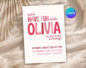 Cheerful Kids Birthday Invite, Editable Pink Girl Birthday Invitation, Any Age Let's Have Fun Party Card, Simple & Bright Canva Template